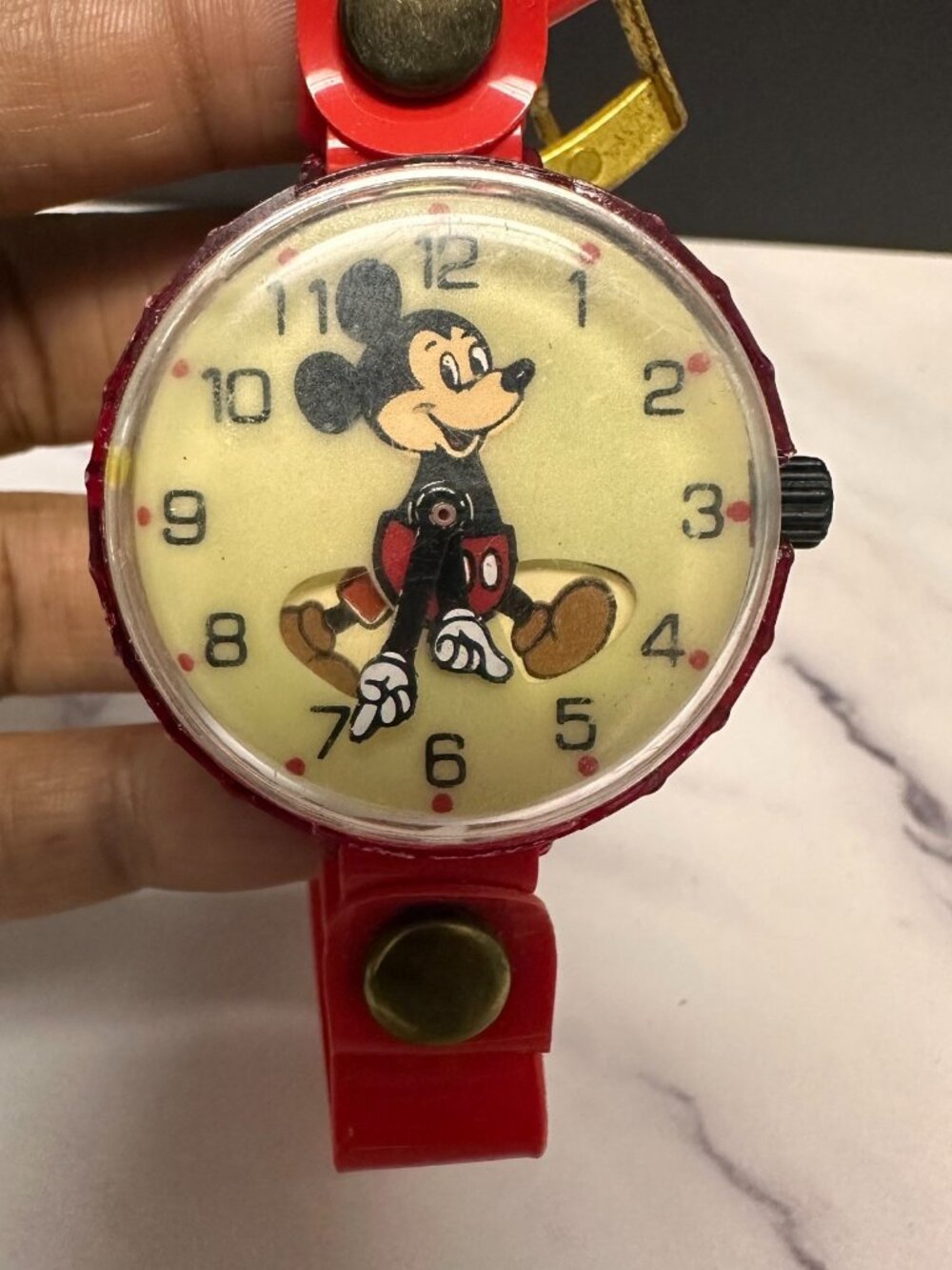 Vintage Mickey Mouse Wind Up Watch Kids Red Plastic Marx Toys 1970s Working 7.5"